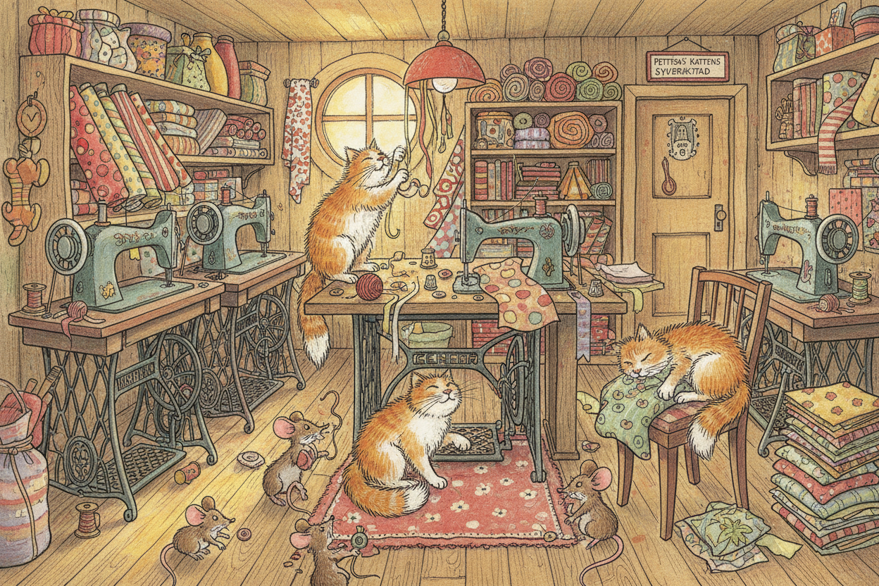 En livfull illustration i akvarell visar en mysig ateljé där katter och möss leker bland symaskiner, tyger och garnnystan.